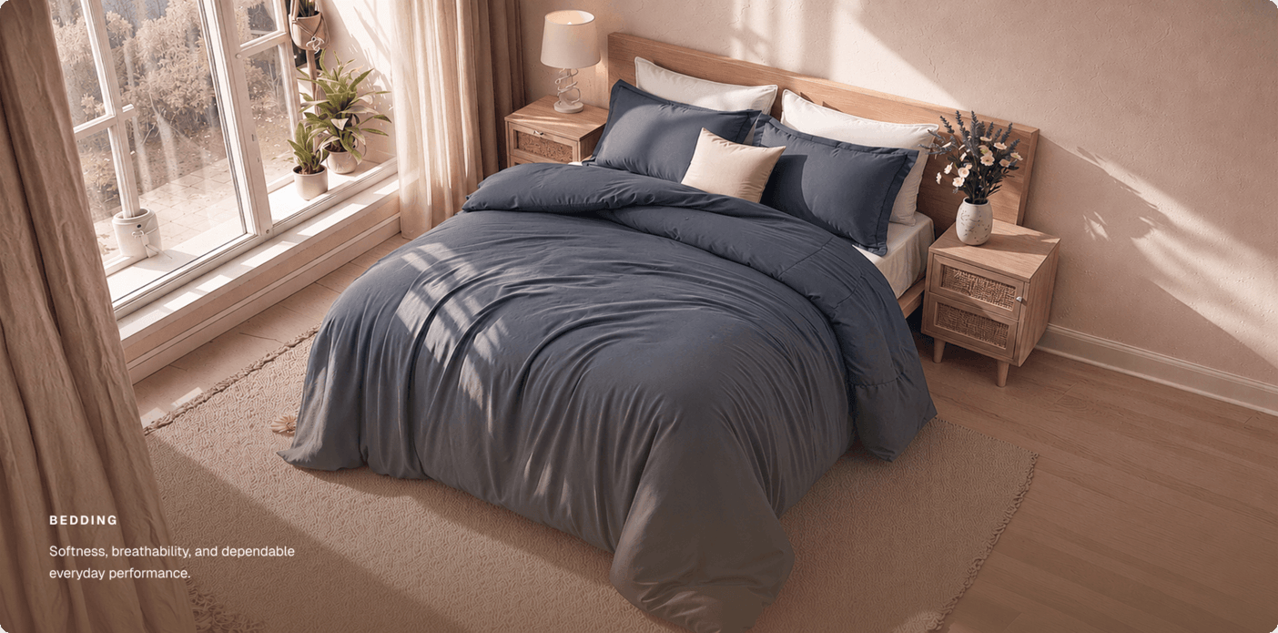 Neatly arranged grey cotton bedding in a sunlit bedroom
