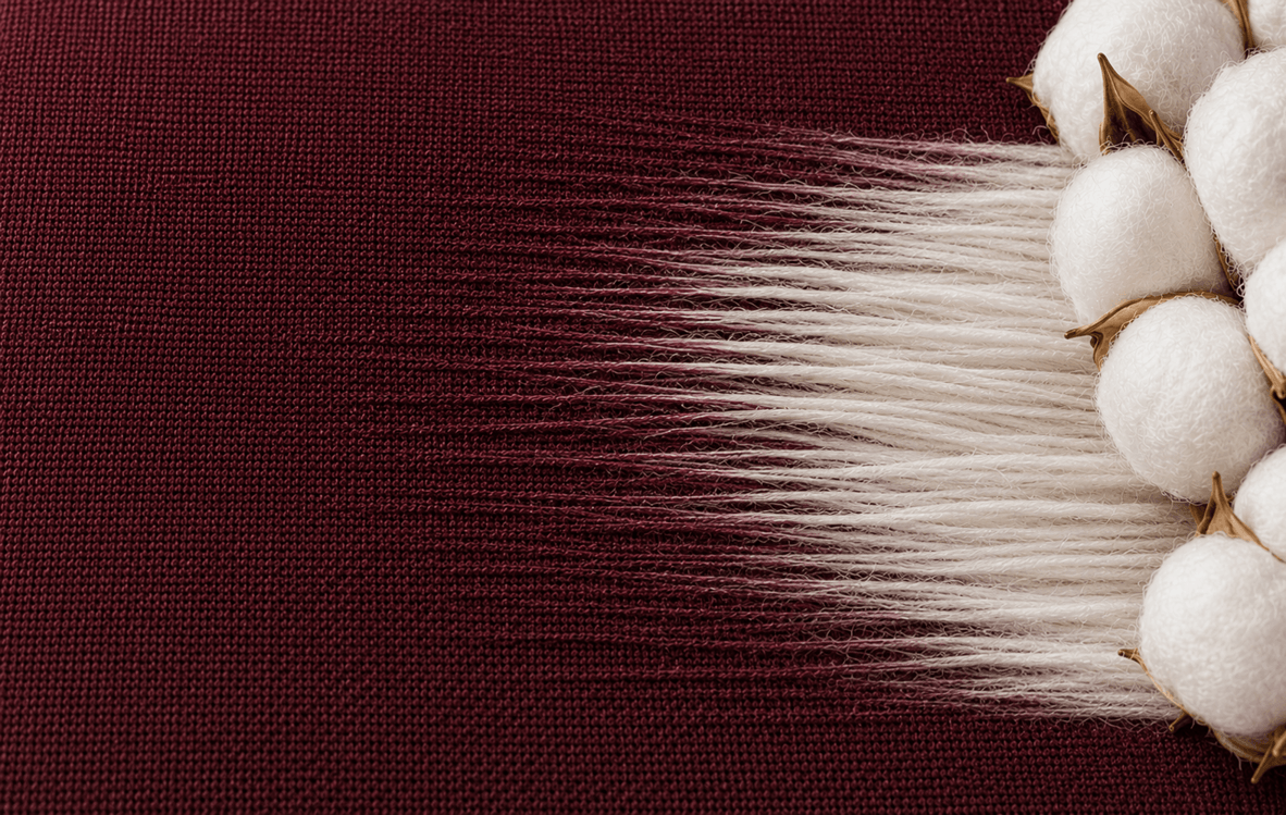 Close view of maroon cotton yarn blending into white cotton fiber